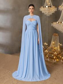 Faeriesty 雪纺两件套，带水钻扣饰边，戏剧性斗篷式覆盖，奢华甜心领口，褶皱紧身胸衣和飘逸连衣裙，适合春夏婚礼、庆典和晚会活动（优雅的正装、透气的面料、醒目的水钻装饰）、派对礼服、礼服，适合婚礼宾客 - 淺藍色 - 查看 3