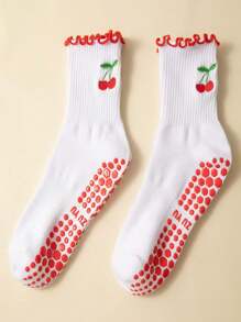 1 Paar Yoga Socken, Damen Mittellange Socken, rutschfest mit Klebstoff, Stickerei mit Spitze, Kirsche Stickerei, Training, Laufen, Pilates