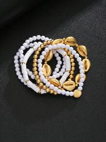 6pcs/Set Ocean Theme Metal Shell & Starfish Beaded Bracelet Set, Suitable For Women Beach Holiday Everyday Matching Jewelry, Birthday/Friendship Gift