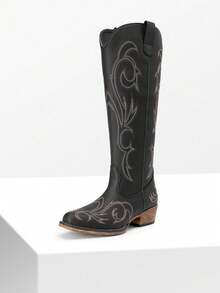 Women's Knee-High Boots, Comfortable Chunky Block Heel Pointed Toe Pull On Side Zipper Suede Slouch Riding Boots - Black - View 5