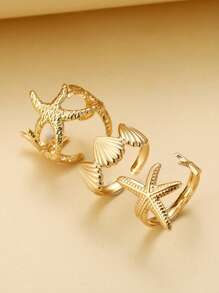 Set de 3 anillos abiertos de estilo vacacional con estrella de mar y conchas, inspirados en el océano y la playa, para fiesta y regalo