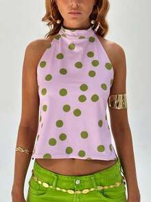 Women Y2K Halter Mock Neck Tops Dot/Floral/Tie-Dye Graphic Sleeveless Backless Crop Tank Tops Sexy Open Back Off The Shoulder Vests Shirts Summer Going Out Tops Club Party Streetwear - 粉色 - 查看 1
