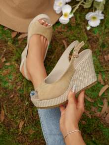 Sandalias de cuña con plataforma y hebilla de unicolor estilo bohemio para mujer, atuendos de primavera y verano - Beis - Ver 3