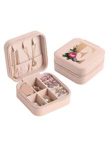 1pc Mini Floral Alphabet Jewelry Storage Box, A-Z Gold Letters, Portable Zipper Travel Jewelry Storage Box, Gift Box For Women, Multi-Function Jewelry Display Stand For Rings, Pendants, Earrings, Necklaces, Etc. - Suitable For Women, Mother, Girlfriend, Valentine's Day Gift Box.