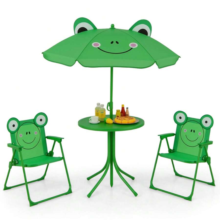 Lifezeal Kids Picnic Table & Chair Set With 2 Folding Chairs & Height Adjustable Umbrella - 綠色 - 查看 1