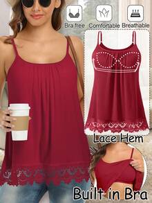 Women's Cami With Built In Bra Cup Casual Flowy Swing Pleated Tank Top With Adjustable Strap Lace Camisoles Top For Women With Built In Bra Adjustable Strap Tank Top Summer Loose Cami Shirts Plus Size S-4XL Lace Hem Basic Tops