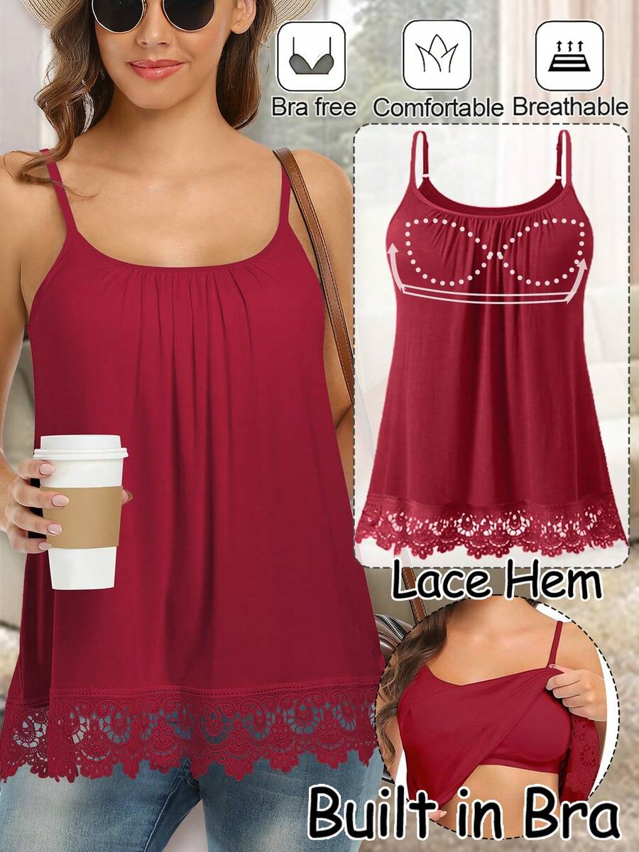 Women's Cami With Built In Bra Cup Casual Flowy Swing Pleated Tank Top With Adjustable Strap Lace Camisoles Top For Women With Built In Bra Adjustable Strap Tank Top Summer Loose Cami Shirts Plus Size S-4XL Lace Hem Basic Tops