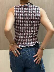 Women Y2K Plaid Smocked Tank Top Gingham Sleeveless Crewneck Pleated Ruffle Hem Vests Crop Tops Summer Ruched Shirt Going Out Tops Streetwear - 酒紅色 - 查看 5