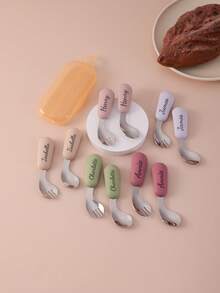 2件装个性定制名字儿童不锈钢硅胶叉勺便携餐具弯曲餐具定制儿童食物配件