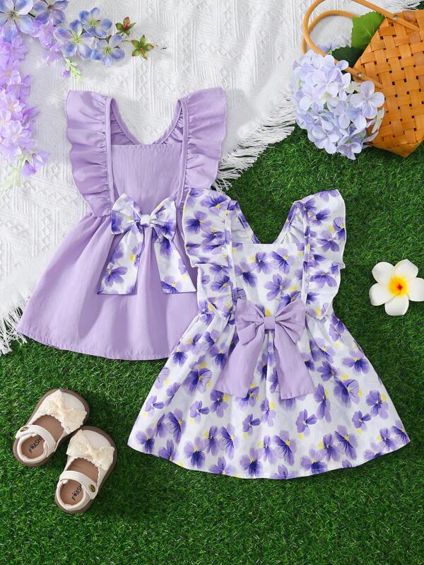 2 pièces/Ensemble Robe d'été pour bébé fille adorable avec imprimé floral violet et nœud papillon, épaules dégagées