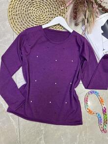 Long Sleeve Blouse In Soft Fabric With Rhinestones - Rusty Rose - View 2