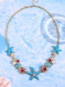 1pc Fashionable, Exquisite, Lively, Creative, Cute, Unique, Glittering, Colorful, Boho Style, Navy Blue Starfish & Shell Necklace, Women's Summer Beach Holiday, Daily Party Festival Jewelry