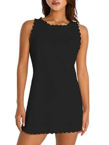 Women Casual Tank Dress Sleeveless Mock Neck Back Zipper Linen Summer Dress Scallop Halter Dress Sundress Beachwear - Black - View 4