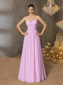 Elisanya 优雅心形领口连衣裙，胸部线条立体，鱼骨纹缝线设计——飘逸的褶裥雪纺裙摆，适合春夏正式场合（柔和粉色调，百搭婚礼及晚宴礼服）夏季连衣裙 春季服装 派对 - 粉色 - 查看 4