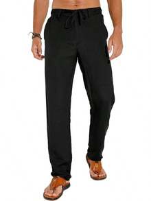 Sailwind Men's Summer Beach Linen Pants Casual Lightweight Elastic Waist Drawstring Loose Pants - Black - View 2