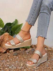 Women's Thick Sole Straw Rope Woven Summer Beach Vacation Casual Fashion Slip-On Platform Wedge Sandals