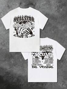 Double-Sided Digital Printed T-Shirt With " Worldswirl" Tour Dates Motif 1Pcs Casual Soft Short Sleeve Pure 100% Cotton 220gsm T - Shirt ,Unisex - 白色 - 查看 1