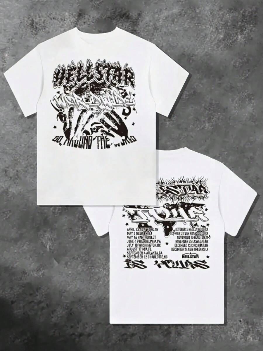 Double-Sided Digital Printed T-Shirt With " Worldswirl" Tour Dates Motif 1Pcs Casual Soft Short Sleeve Pure 100% Cotton 220gsm T - Shirt ,Unisex - 白色 - 查看 1