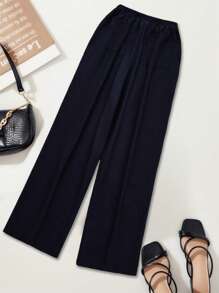 Women's Navy Blue Wide Leg Pants, Elegant Loose Fit Casual Striped Trousers