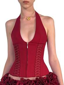 Women's Halter Neck Tank - Solid Color Zip-Up Corset Top  Sleeveless Streetwear Summer - Đỏ - Xem 7
