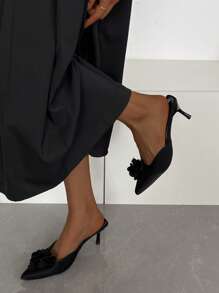 Women's New Pointed Toe Black High Heel Pumps, Floral Decor Elegant High Heel Shoes, Fashionable Mule Slip-On Comfortable Loafers