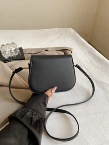 简约半月形马鞍包斜挎包，时尚翻盖包 - 黑色 - 查看 5