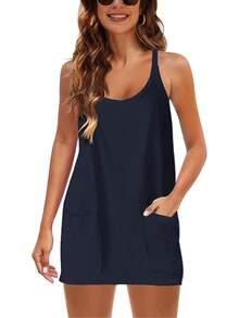 Women's Summer Sleeveless Mini Dress With Built-In Shorts - DarkBlue - View 8