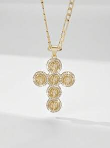 1 pieza Collar colgante con cruz de Jesús de 14K color oro, estilo europeo y americano, hipoalergénico, con relieve en capas e incrustación de cobre y circonita, adecuado como regalo para madres, San Valentín, parejas, amigos, cristianos, para uso diario, festivales y oración