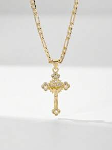 1 pieza Collar colgante con cruz de Jesús de 14K color oro, estilo europeo y americano, hipoalergénico, con relieve en capas e incrustación de cobre y circonita, adecuado como regalo para madres, San Valentín, parejas, amigos, cristianos, para uso diario, festivales y oración