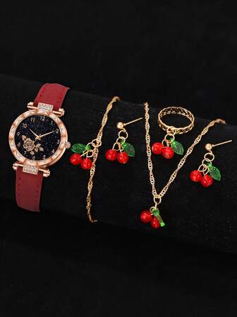 Conjunto de 6 piezas de joyería para mujer que incluye reloj de cuarzo con escala de números árabes, pulsera, collar, aretes y anillo, con correa roja, adecuado para uso diario, decoración o regalo de vacaciones.
