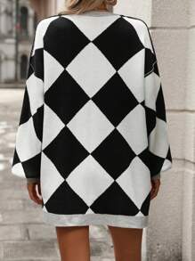 Checkered Color Blocking Front Button Cardigan Sweater, Autumn/Winter Casual Wear