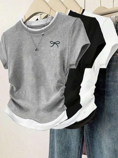 3件套女士休闲时尚修身蝴蝶印花细节简约纯色荷叶边圆领短袖T恤套装 夏季