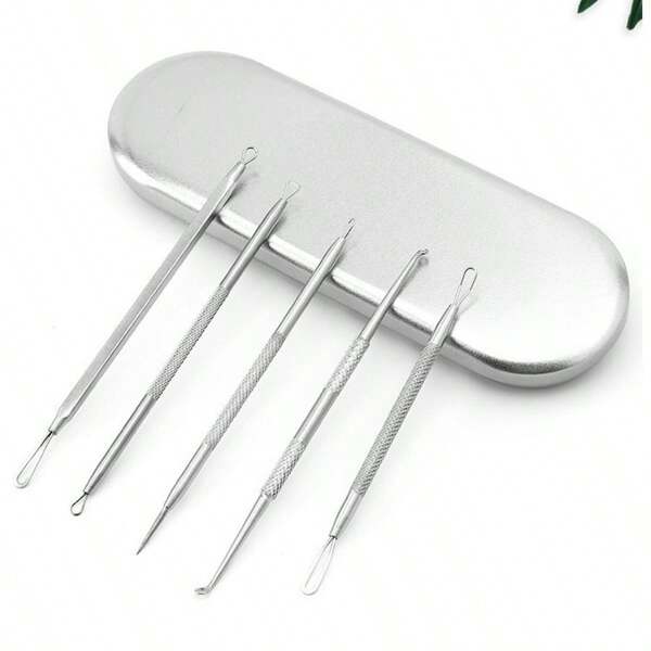 5 PIEZAS Herramientas de extracción de acné, herramientas quitaespinillas, herramientas de eliminación de acné, herramienta extractora profesional de acero inoxidable para eliminar puntos negros, puntos blancos, granos, manchas y espinillas