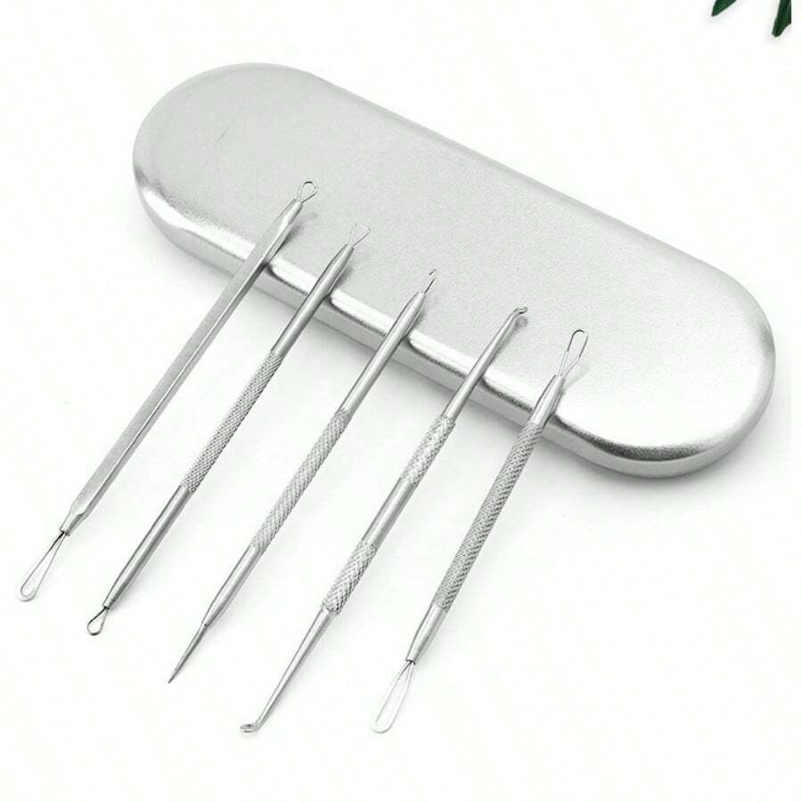5 PIEZAS Herramientas de extracción de acné, herramientas quitaespinillas, herramientas de eliminación de acné, herramienta extractora profesional de acero inoxidable para eliminar puntos negros, puntos blancos, granos, manchas y espinillas
