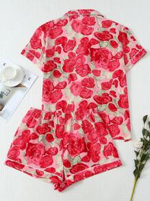 2pcs Set Comfortable Pink Rose Print Lapel Button Short Sleeve Top With Pocket And Bow Shorts Women Pajamas Loungewear Set, Suitable For Home Use, Spring/Summer