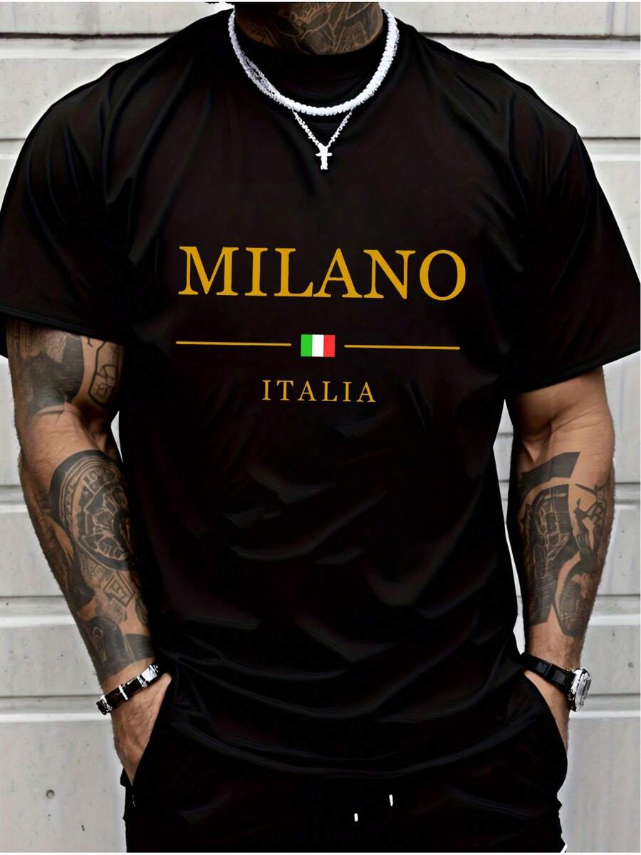 Men' Milano Short Sleeve, Chic Letter Print Design - Perfect For Summer Sports, Casual Wear, And Everyday Styling - 黑色 - 查看 1