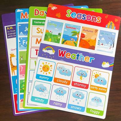 Lachilly 4 PCS/Set Educational Posters Preschool Kids Learning English A4 Poster Week Month Time Weather Season Children Kindergarten Cartoon Picture Wall Decoration Educational Poster