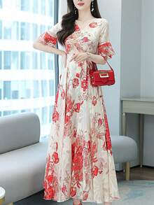 Elegant Women's Floral Dress - Lotus Leaf Sleeves, Tie Bow, Temperament V-Neck - Summer Romantic Bohemian Style Long Printed Skirt