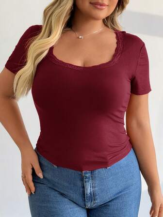 大码女式 Y2K 性感蕾丝方领短袖上衣