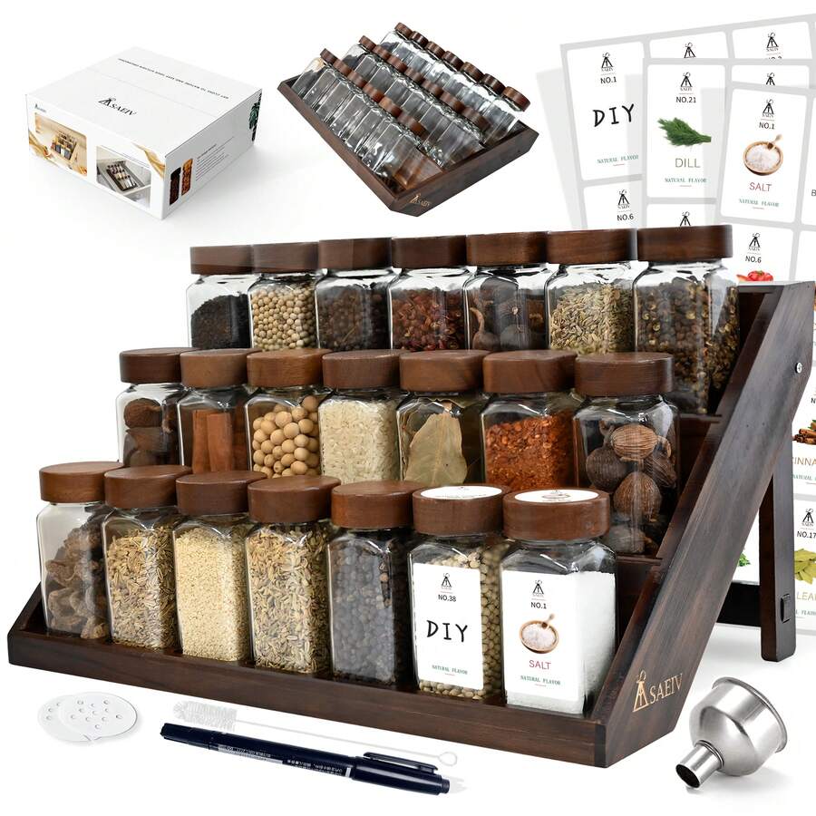 ERUIV Square Spice Jars, 2-In-1 Design With Acacia Wood Stand (FCM®) – Set Of 21 Spice Jars (120 Ml Each), Including Multiple Labels, Can Be Stood Upright And Is Suitable For Drawers – Spice Rack For Drawers And Spice Jars - 21個方瓶相思木架套裝 - 查看 1
