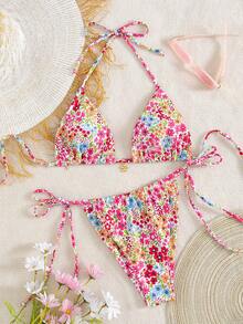女士碎花挂脖系带比基尼套装，性感泳衣，适合海滩度假，休闲优雅泳装，采用高弹透气面料，适合海滩、音乐节、情人节等场合，女士海滩度假装扮，女士泳装，夏季度假装扮，女士比基尼 - 彩色 - 查看 2