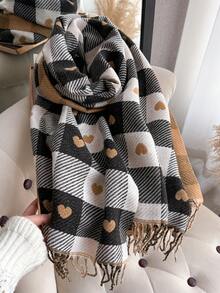 1pc Faux Cashmere Plaid Heart Pattern Scarf, Versatile And Warm Tassel Shawl Suitable For Daily Wear For Dress - Multicolor - View 2