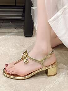 Women's Solid Color Fashion Sandals, Golden Flower Decorated Shoes, Summer T-Strap High Heels, Casual Single Strap Anti-Slip Thick Sole High Heels
