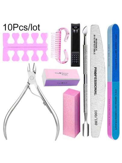 10Pcs/Lot Nail Art 100/180 Grit Professional Files Buffer Sponge Block Brush Nail Scissors Kit With Cuticle Nipper Pushers Clippers Fingers Separators Manicure Set UV Gel Polish Tools