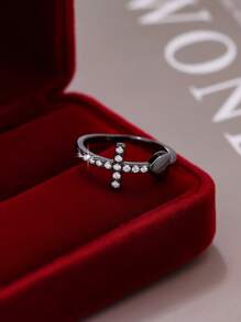 1pc Elegant & Geometric Cross & Heart Zirconia Ring, Suitable For Women/Men, Couples, Valentine's Day Gift, Daily Outfit, Party Accessory