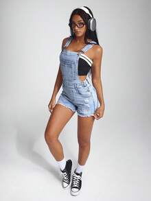 Jeanoix 破洞下摆牛仔背带裤（不含抹胸） - 淺色水洗藍 - 查看 5