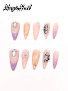 10 Pieces Of Pure Hand-Pressed Wearable Nails, Press On Nails,Nail Supplies,Nails Ptess On,Beach Essentials,33mm Long Nail Pieces, Pink And White Purple Gradient, Hand-Painted Black Butterfly Wing Patterns, Hand-Made Raised Flowers Purple Rhinestone Stamens, Other Aquatic Animal Footprints, Raised Lines To Decorate The Nail Surface. Spring And Summer Style, Cute Nail Plate, Can Be Worn Repeatedly. Suitable For Daily Leisure And Vacation Wear.