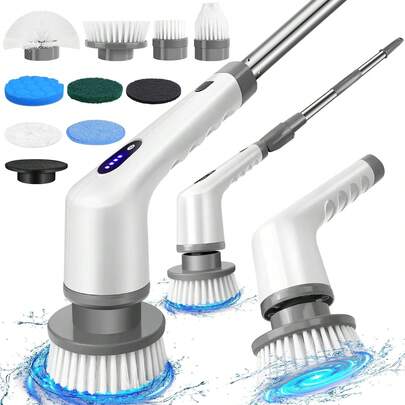 AutoFu Bathroom Electric Spin Scrubber Power Cleaning Brush For Tub Tile Floor Washing, Cordless Rechargeable Bathroom Scrubber Power Cleaning Brush Set, Adjustable Extension Long Handle - 10 Replaceable Brush Heads