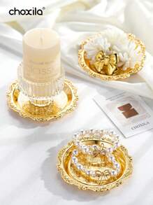 choxila 1pc/6pcs Metal Trays With Rack, Round Coasters With Stand, Decorative Plates With Holder, Cake Fruit Dessert Nut Mini Tray, Desktop Metal Cup Mats, For Bar, Home, Kitchen, Coffee Table Decoration (Gold)