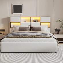 Upholstered Bed Flat Bed 140/160*200cm With LED Lighting And USB Charging Station, Functional Storage Bed With Headboard Storage Compartments (Without Mattress) - Beige